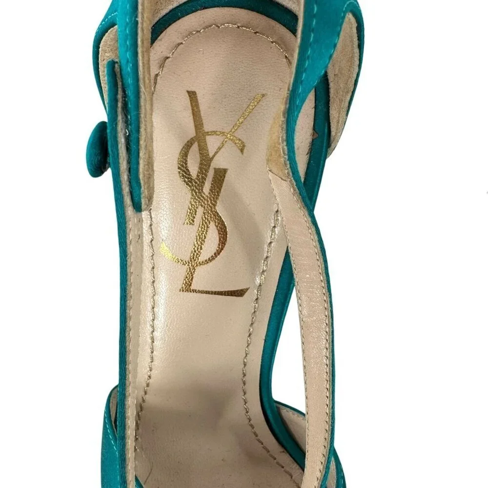 Saint Laurent Paris Turquoise Satin Tribute Cross Strap Platform Sandals Size 35 - Picture 9 of 11